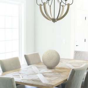 Stunning round white glass table lamp with a wooden base