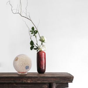 Stunning round white glass table lamp with blue and green flowers