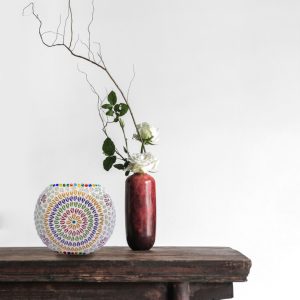 Stunning round white glass table lamp with multicolour design 1