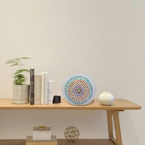 Stunning round white glass table lamp with multi colour design