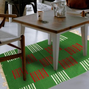 Green base, with red and white stripe square design dhurrie to brighten your living space