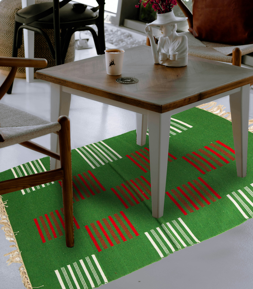 Green base, with red and white stripe square design dhurrie to brighten your living space