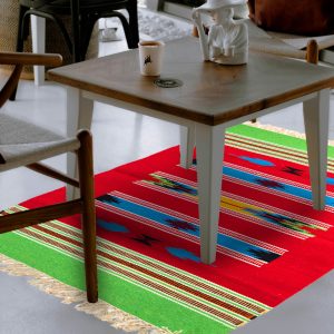 Red base, green border vibrant multicolour dhurrie for your living space