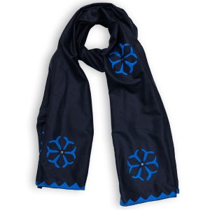 Black with blue flower design mulberry silk applique work silk scarf