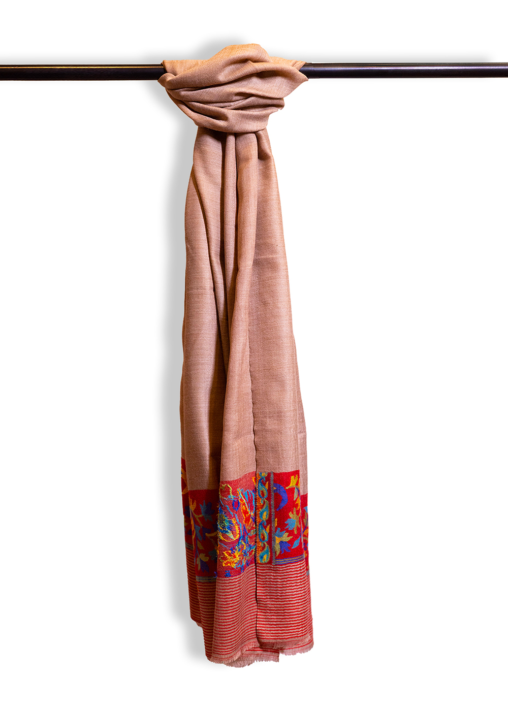 Neutral base with red border scarf